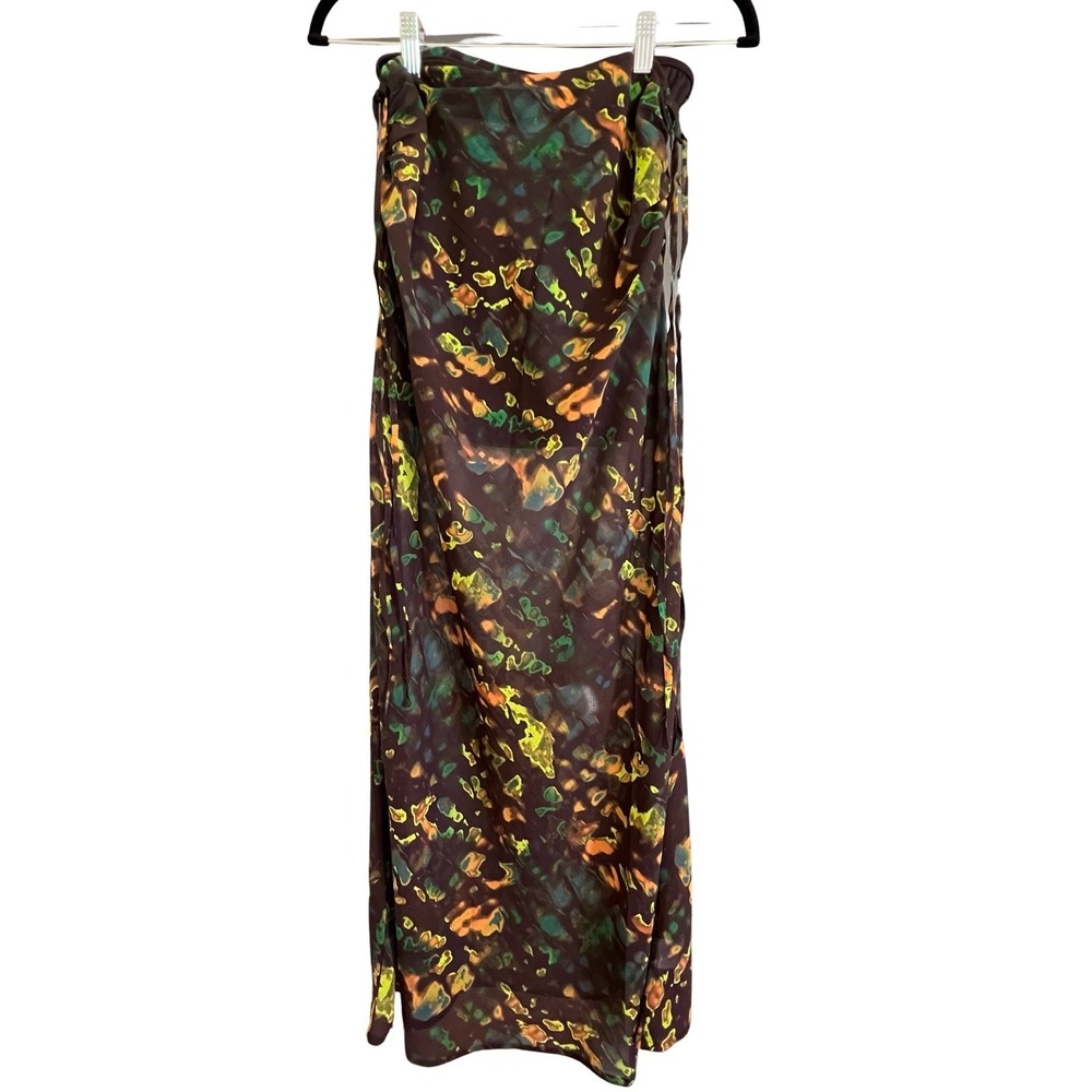 The Drop Sheer Maxi Skirt‎ Graphic Abstract Multicolor Ruched Tie Hips Sz XS NWT